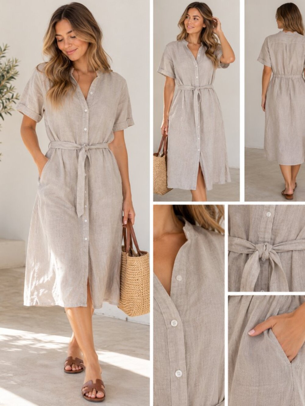 Uniqlo Light Beige Linen Midi Dress with Waist Tie